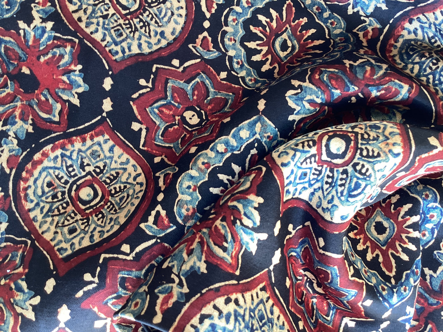 Black Jaal Motif Ajrakh Mashru Silk fabric