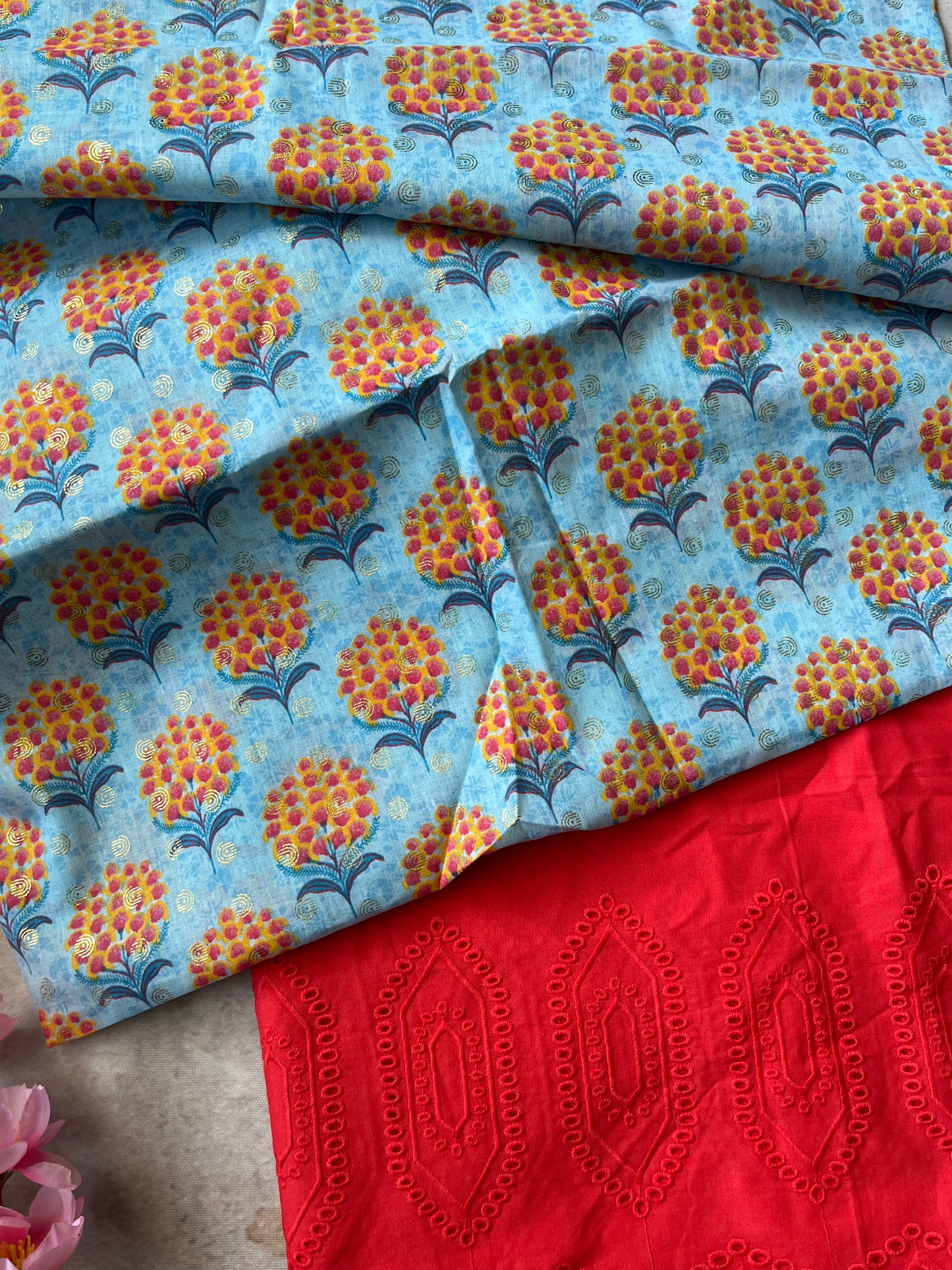 Sea Blue Flower Motif Cotton 2 pc Suit Set