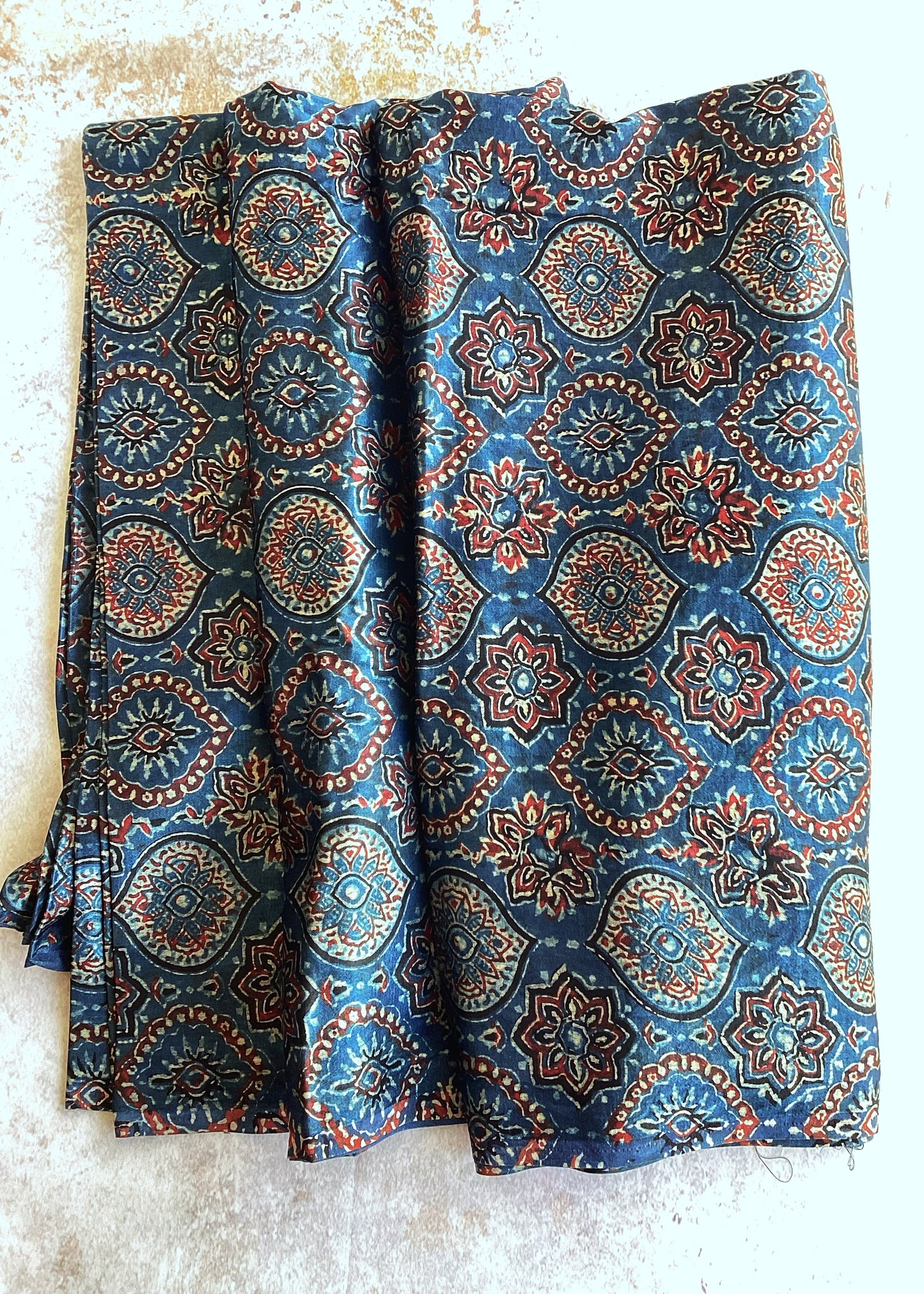 Blue Jaal Motif Ajrakh Mashru Silk fabric