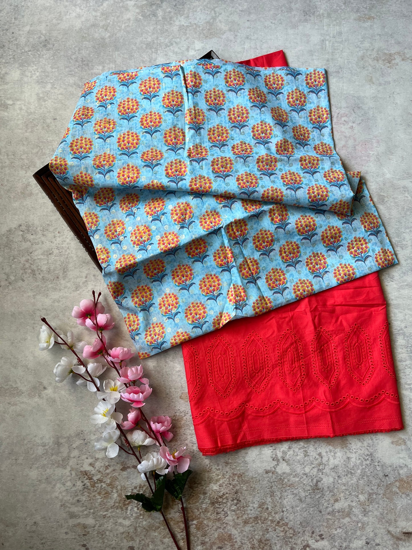 Sea Blue Flower Motif Cotton 2 pc Suit Set