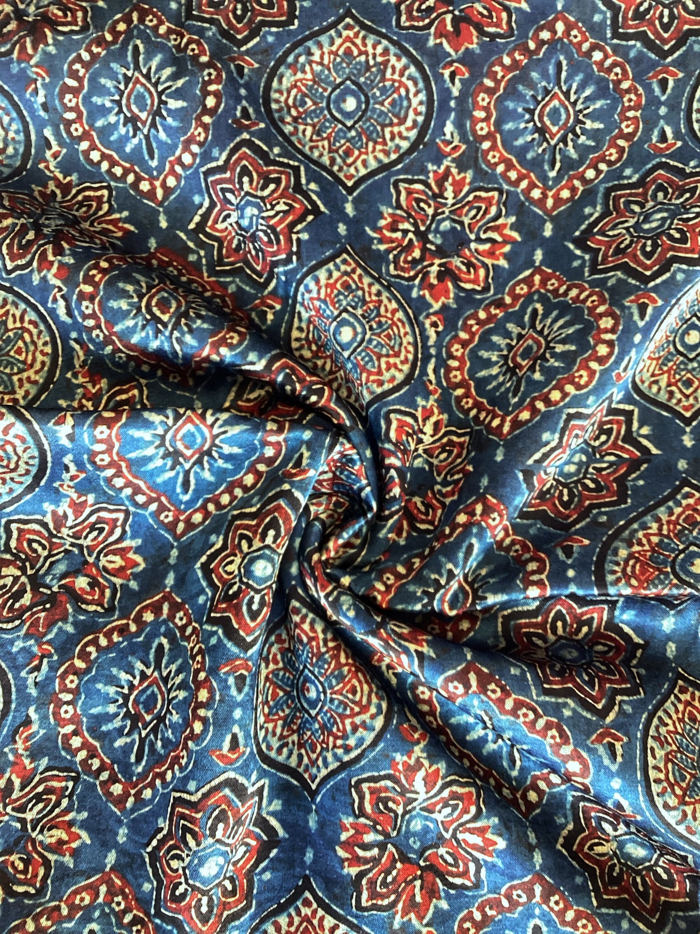 Blue Jaal Motif Ajrakh Mashru Silk fabric
