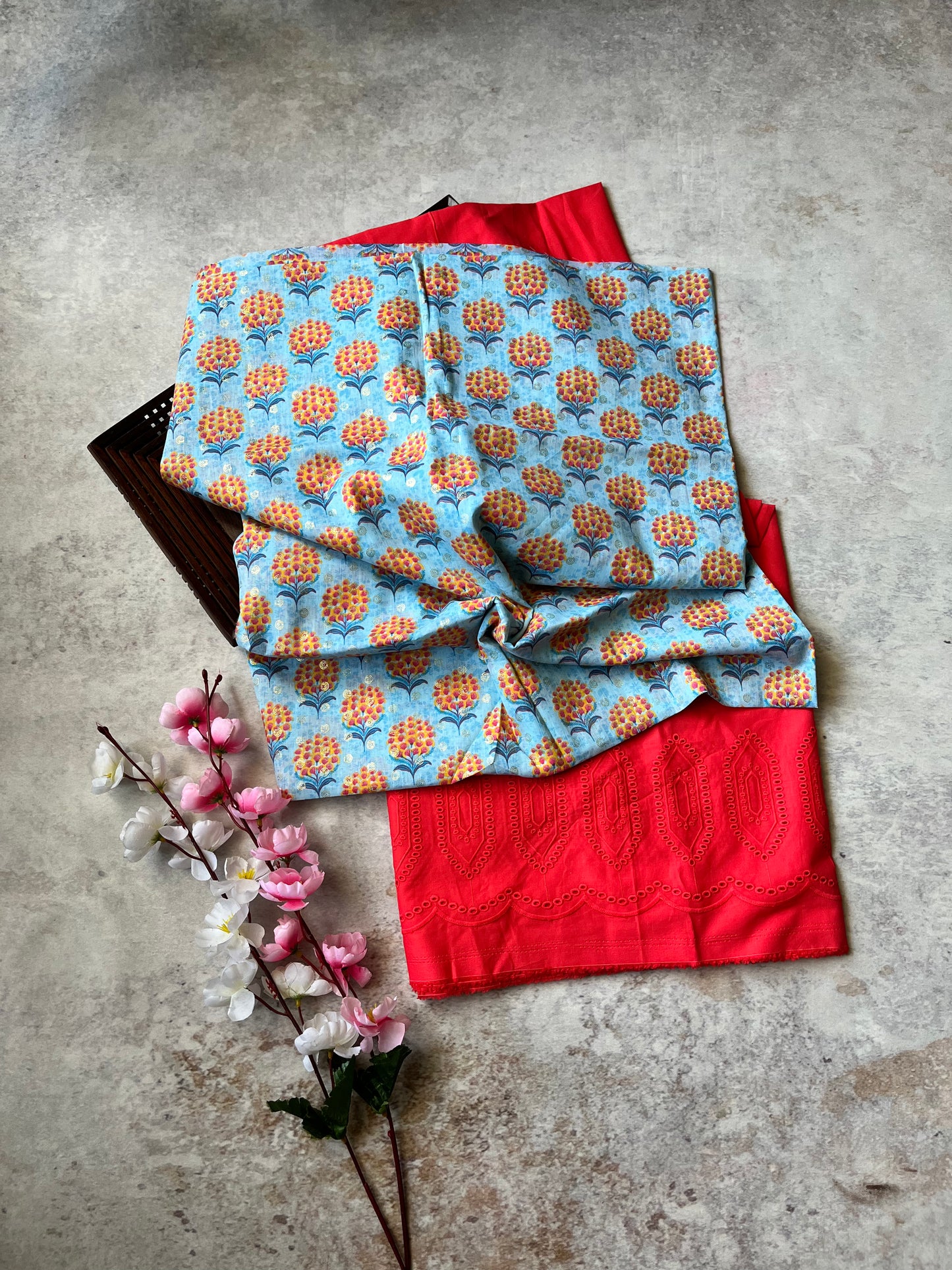 Sea Blue Flower Motif Cotton 2 pc Suit Set