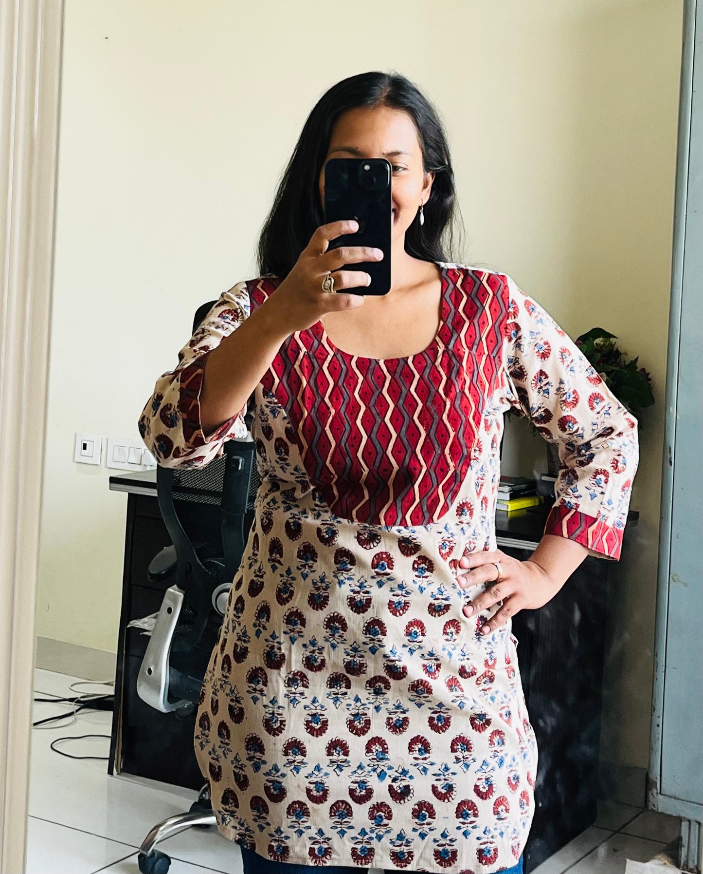 Cream and Red Yoke Ajrakh Handblock Pure Cotton Short Kurti