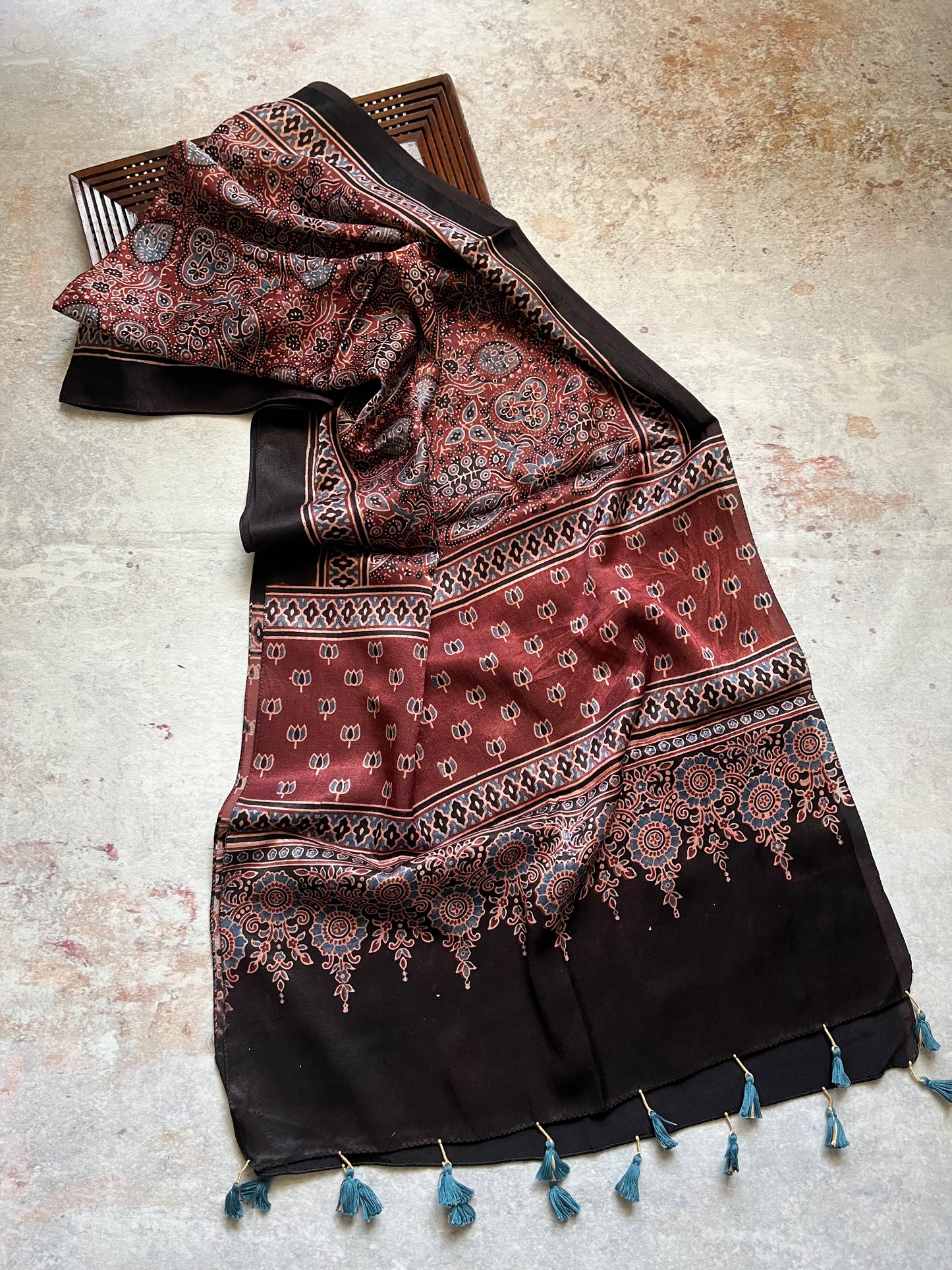Rust Red Floral Motif Ajrakh Hand Block Print Mashru Silk Stole with Tassels