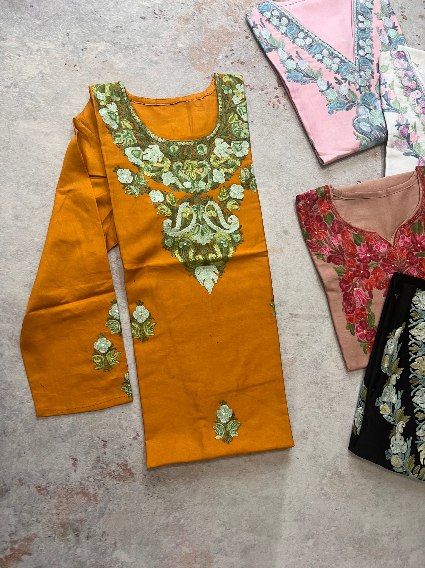 Mustard Shade Floral Kashmiri Aari Work Cotton Kurti