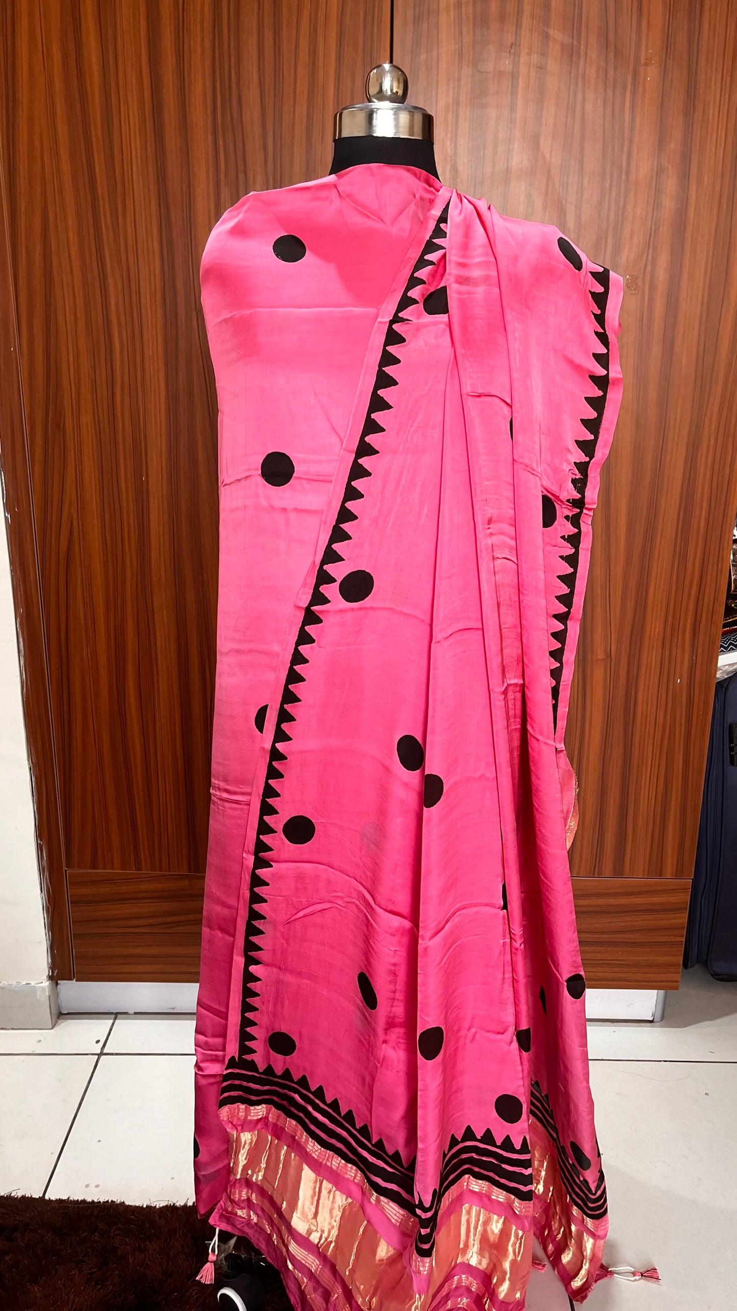 Bubblegum Pink Polka Motif Pure Modal Silk 2pc Suit Set with Lagdi Patti Dupatta