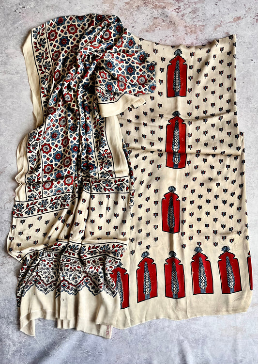 Off White Jharokha Motif Modal Silk Ajrakh Natural Dyed Hand Block Print 2pc Suit Material Set