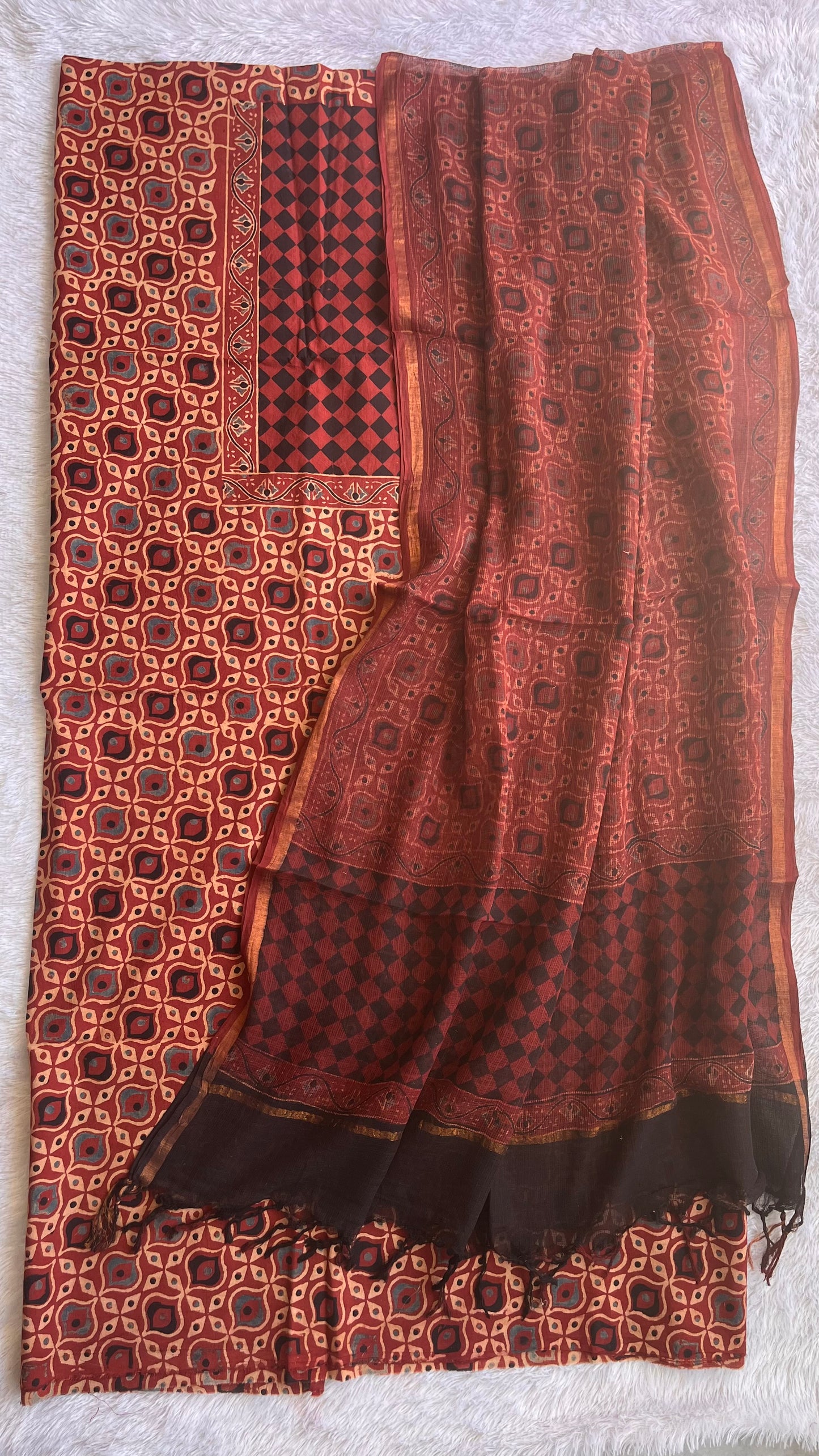 Brick Red Pure Cotton Ajrakh Unstitched Suit Set with Ajrakh Kota Doria Dupatta