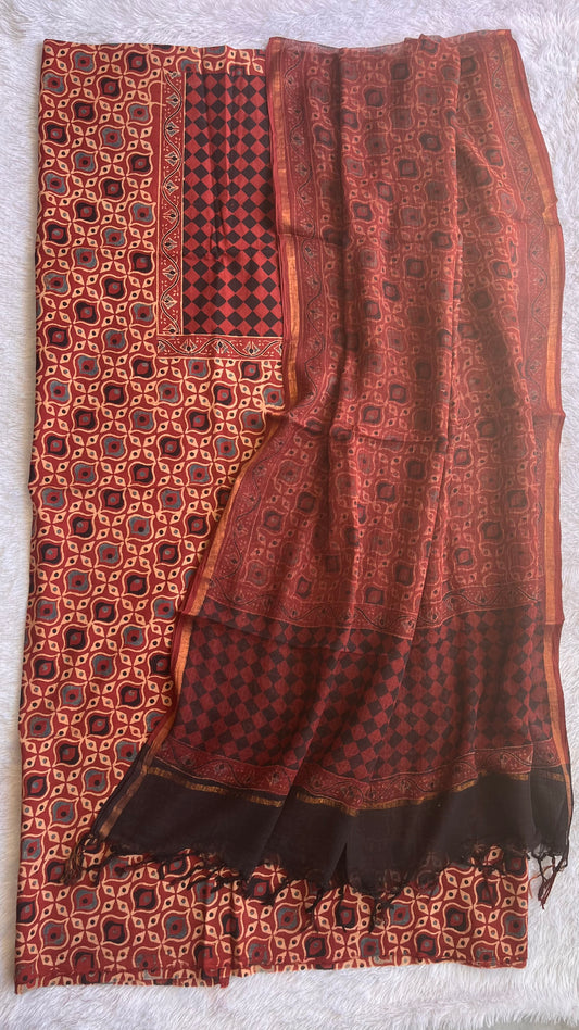 Brick Red Pure Cotton Ajrakh Unstitched Suit Set with Ajrakh Kota Doria Dupatta