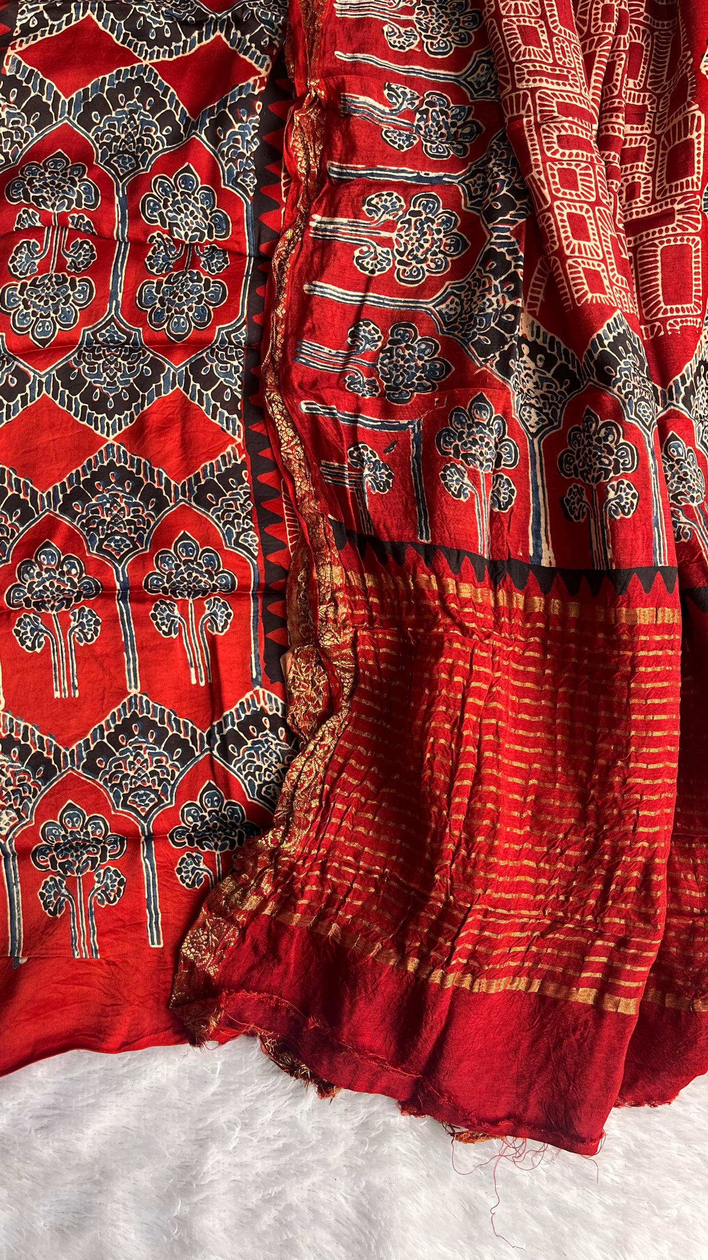 Ravishing Red Buta Motif Modal Silk Suit with Ajrakh Dola Silk Dupatta