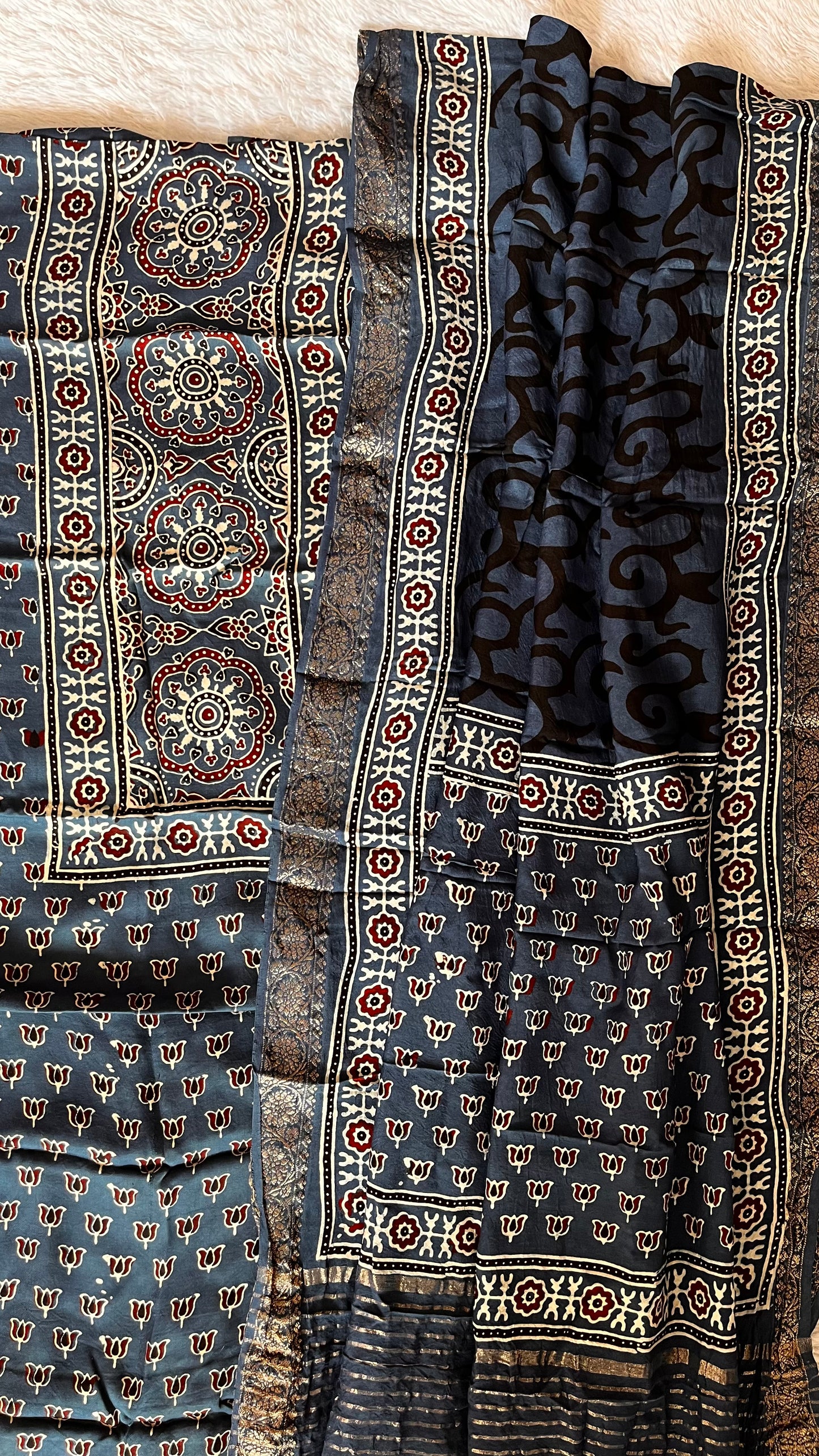 Blue Kamal Buti Ajrakh Pure Modal Silk 2pc Suit Material with Dola Silk Dupatta