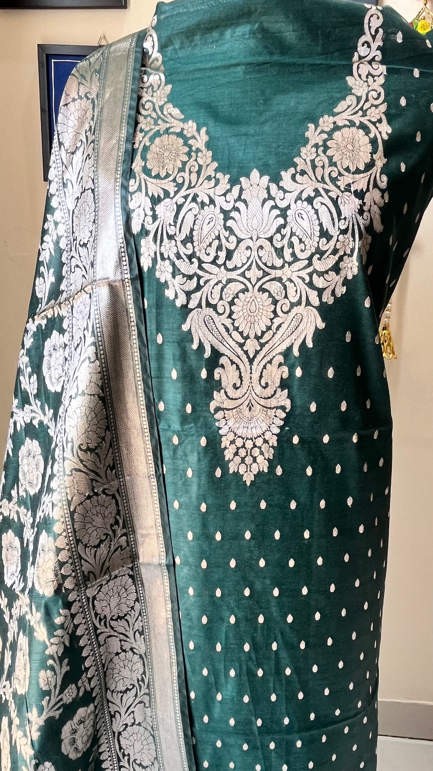 Emerald Green Shade Banarasi Silk Cotton 3-Piece Suit with Banarasi Woven Yoke & Dupatta