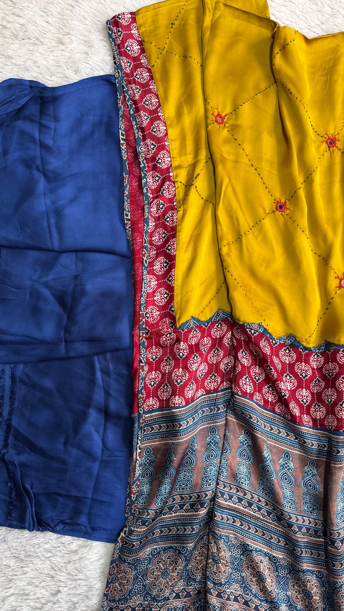 Blue Solid Shade Modal Silk Suit Material with Multi Shade Modal Silk Dupatta with Mirror Work