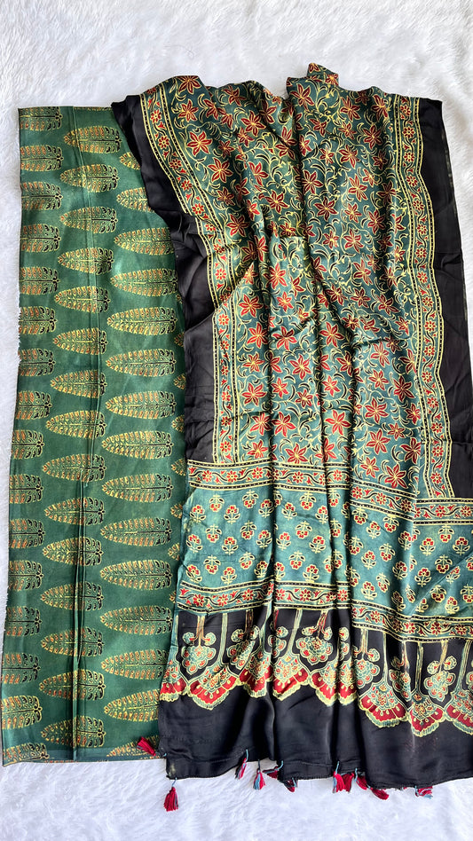 Bottle Green Asopallav Motif Ajrakh Mashru Silk 2pc Suit Set Material with Modal Silk Dupatta
