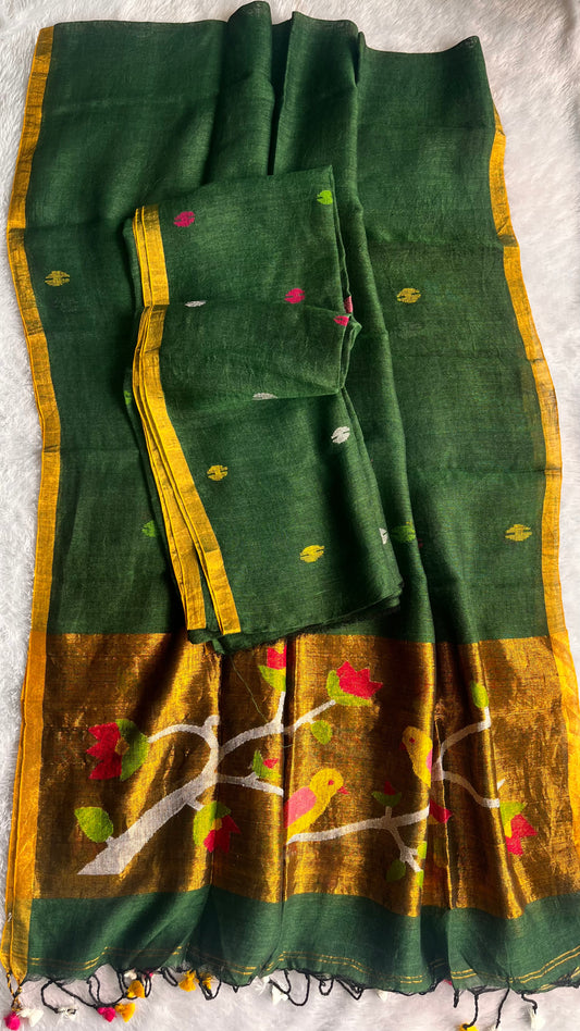 Gracious Green Paithani Unstitched Pure Linen on Linen Hand Woven Daman 2 pc Suit Set