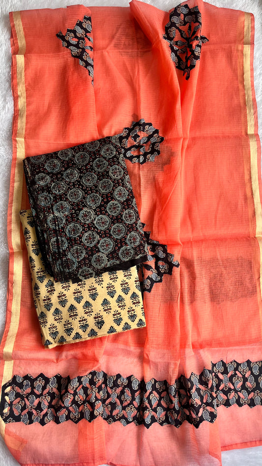 Pure Cotton Ajrakh Unstitched Suit Set with Ajrakh Applique Kota Dupatta
