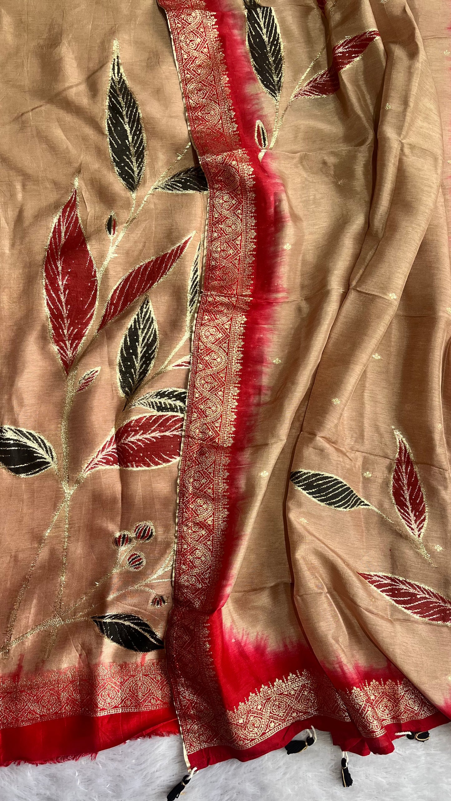 Biscuit Shade Dola Silk Hand Brush Print 2pc Suit Material Set with Zari Pallu and Full Finish with Tassels