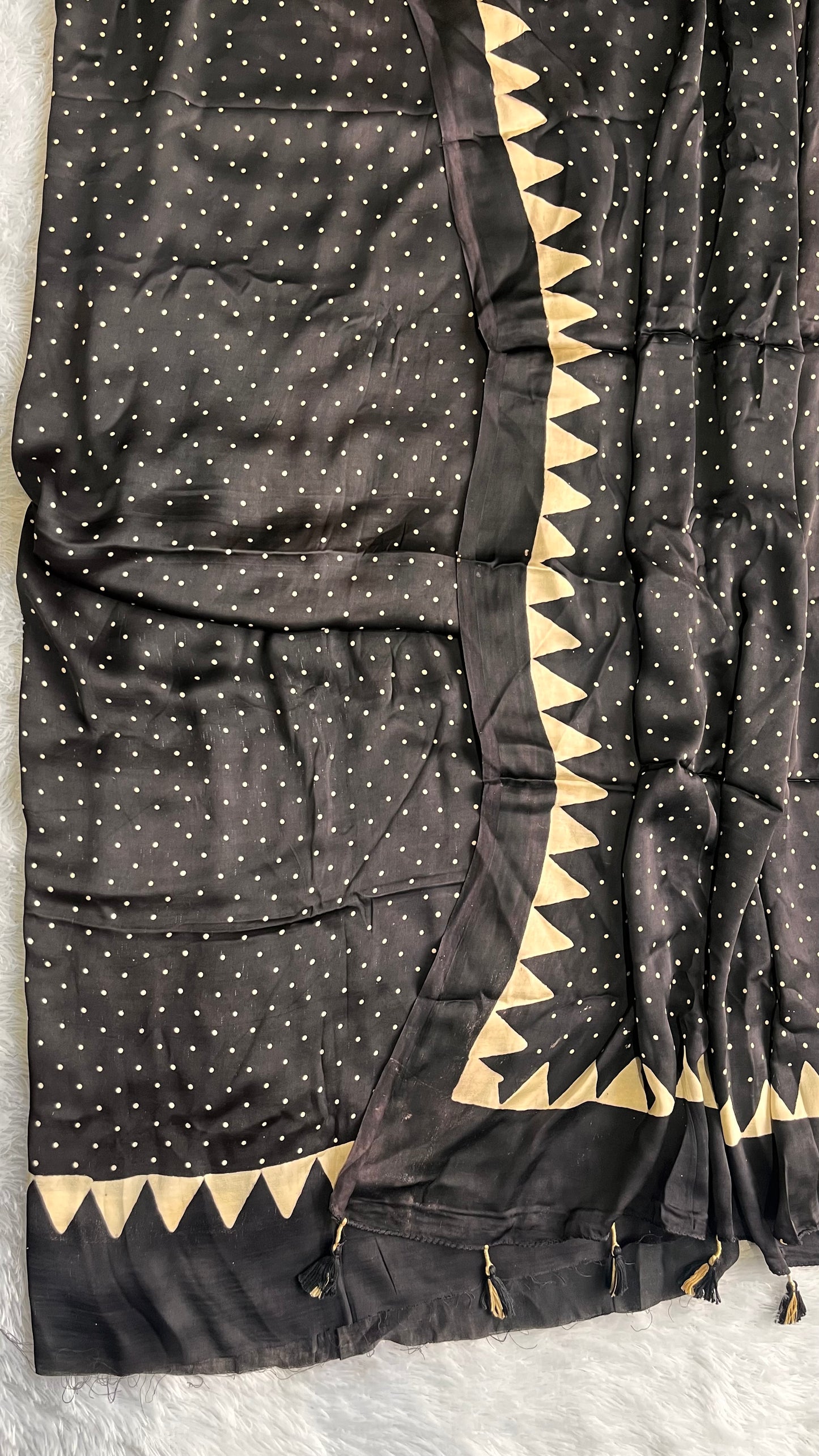 Black Polka Dotted Modal Silk Ajrakh Hand Block 2 pc Suit Set with Modal Silk Dupatta