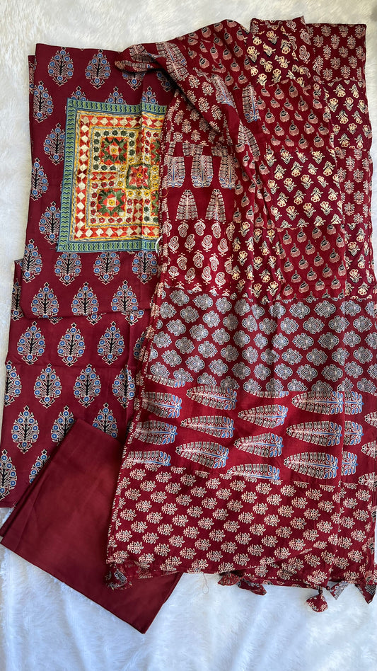 Maroon Ajrakh Applique Unstitched Cotton Suit Set with Applique Dupatta