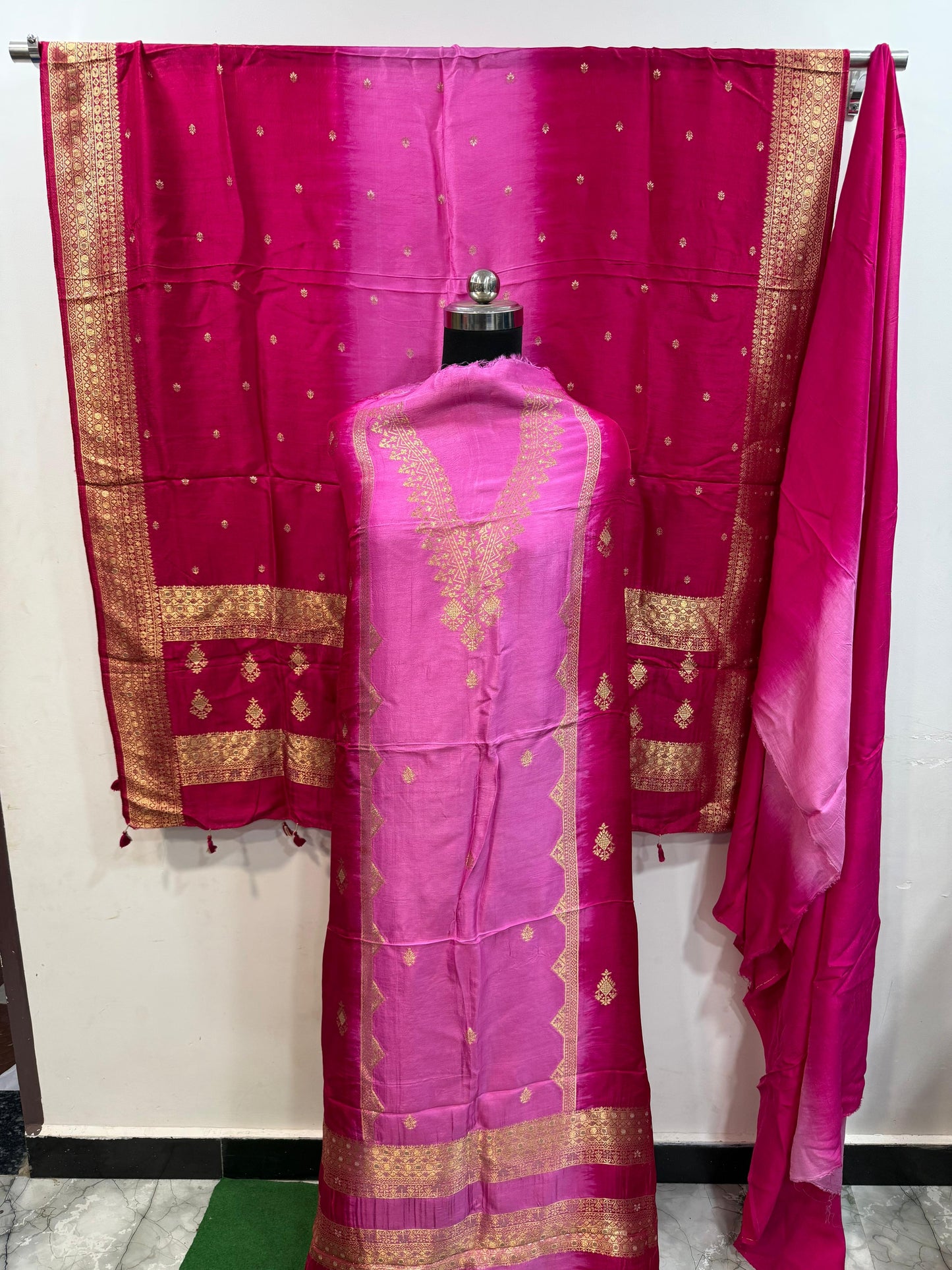 Red and Pink Dola Silk 3pc Suit Set with Zari Yoke/Dupatta and Matching Lower
