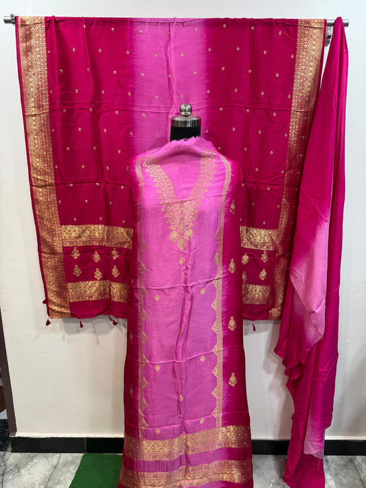 Red and Pink Dola Silk 3pc Suit Set with Zari Yoke/Dupatta and Matching Lower
