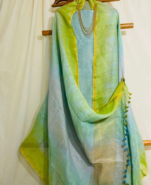 Sea Green Dual toned Unstitched Pure Linen on Linen Jamdaani Daman 2 pc Suit Set