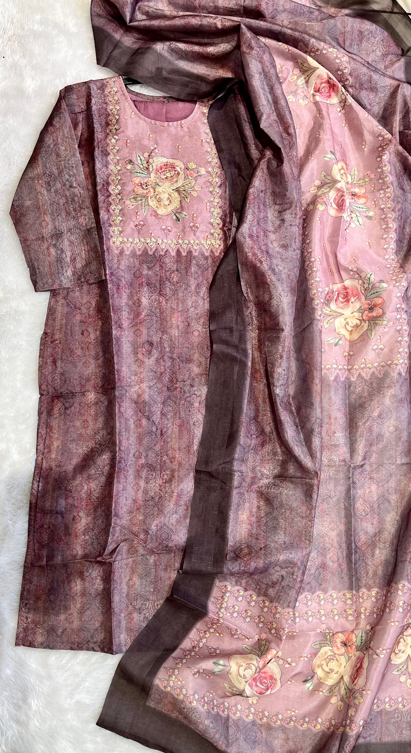 Purple Hues Floral Motif Pure Tissue Shimmer Suit Set with Shimmer Dupatta