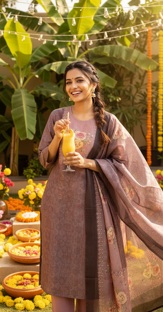 Purple Hues Floral Motif Pure Tissue Shimmer Suit Set with Shimmer Dupatta