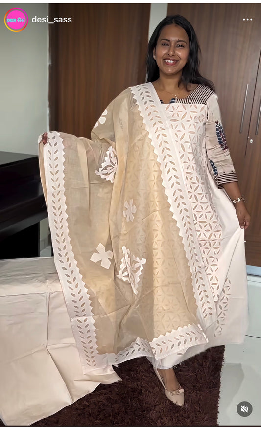 Badaami Shade Barmer Applique Cut Work Cotton 3pc Suit Material Set