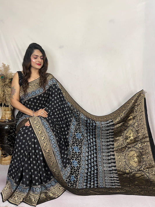 Majestic Black Kamal Buti Dola Silk Zari Pallu Saree With Blouse