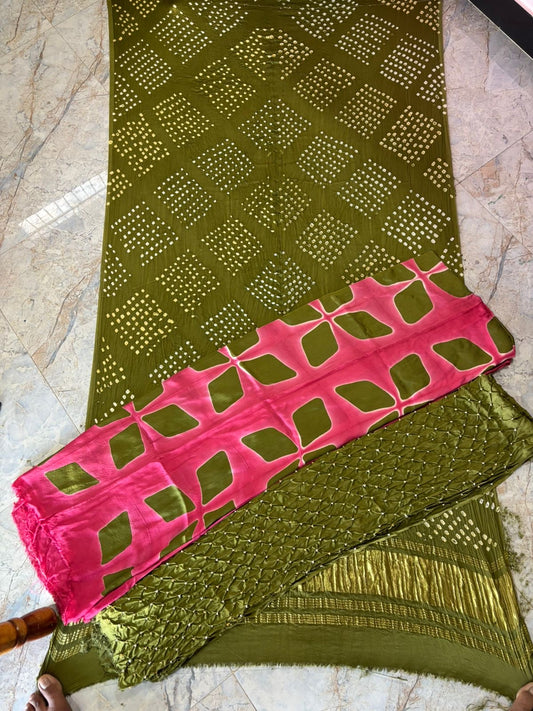 Mint Green and Pink Modal Silk 3 pc with Bandhej Dupatta/ Lower And Clamp Dye Kurta