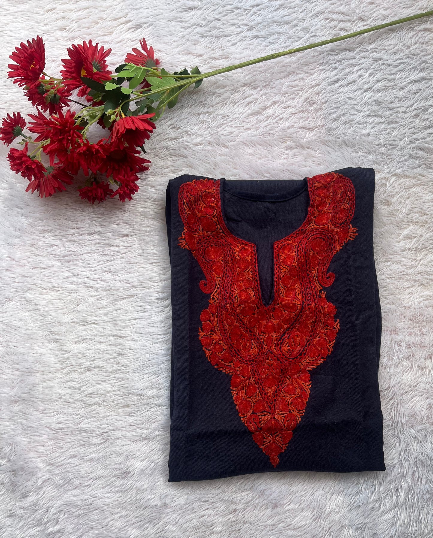 Navy Blue and Red Hand Embroidered Pure Marino Wool Pheran with Pockets