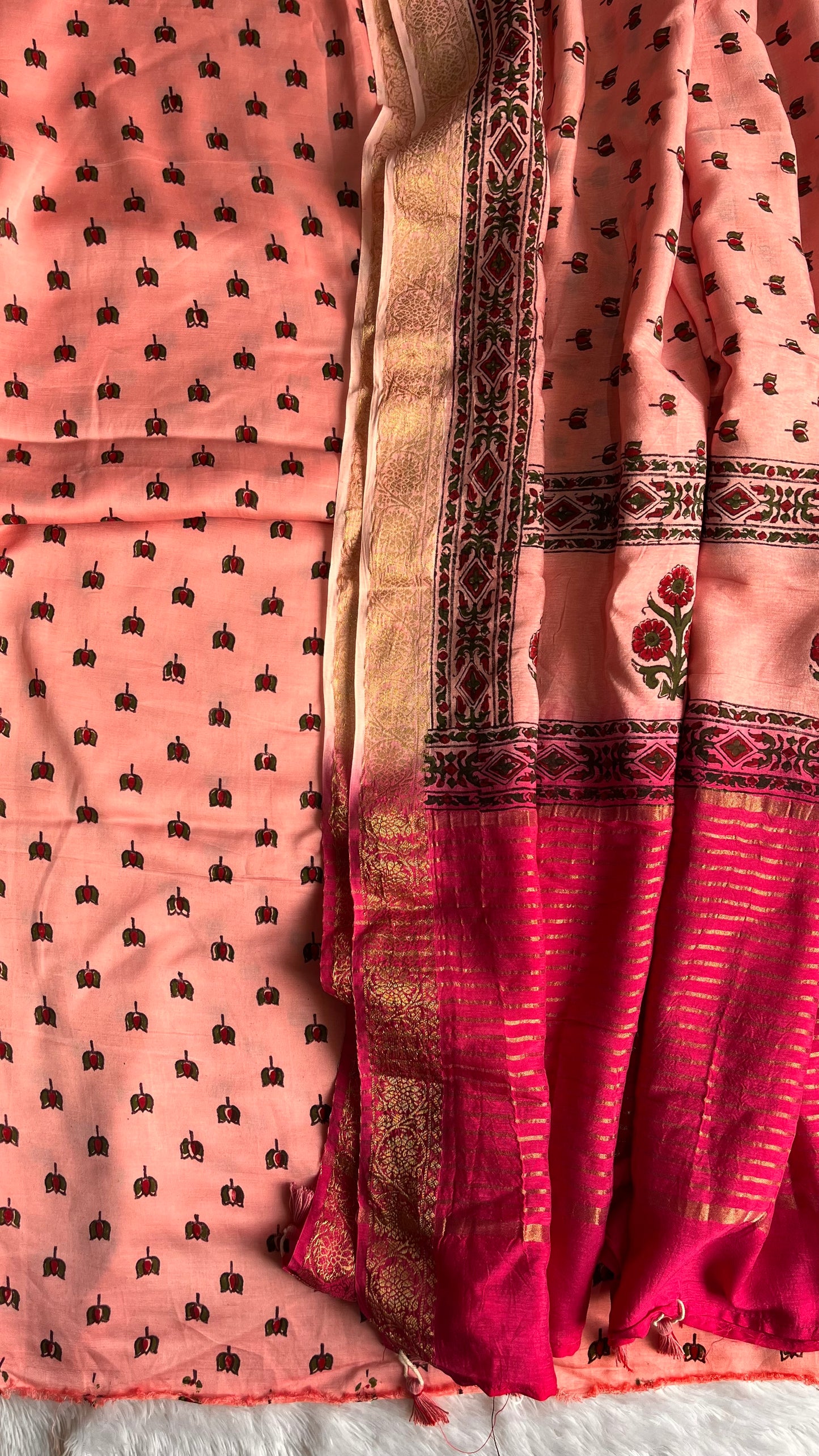 Pink Candyfloss Kamal Buti Motif Modal Silk Ajrakh Hand Block 2 pc Suit Set with Dola Silk Dual Toned Dupatta