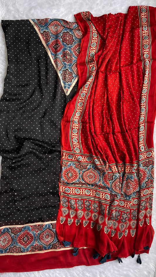Black and Red Polka Motif Modal Silk Ajrakh Hand Block 2 pc Suit Set