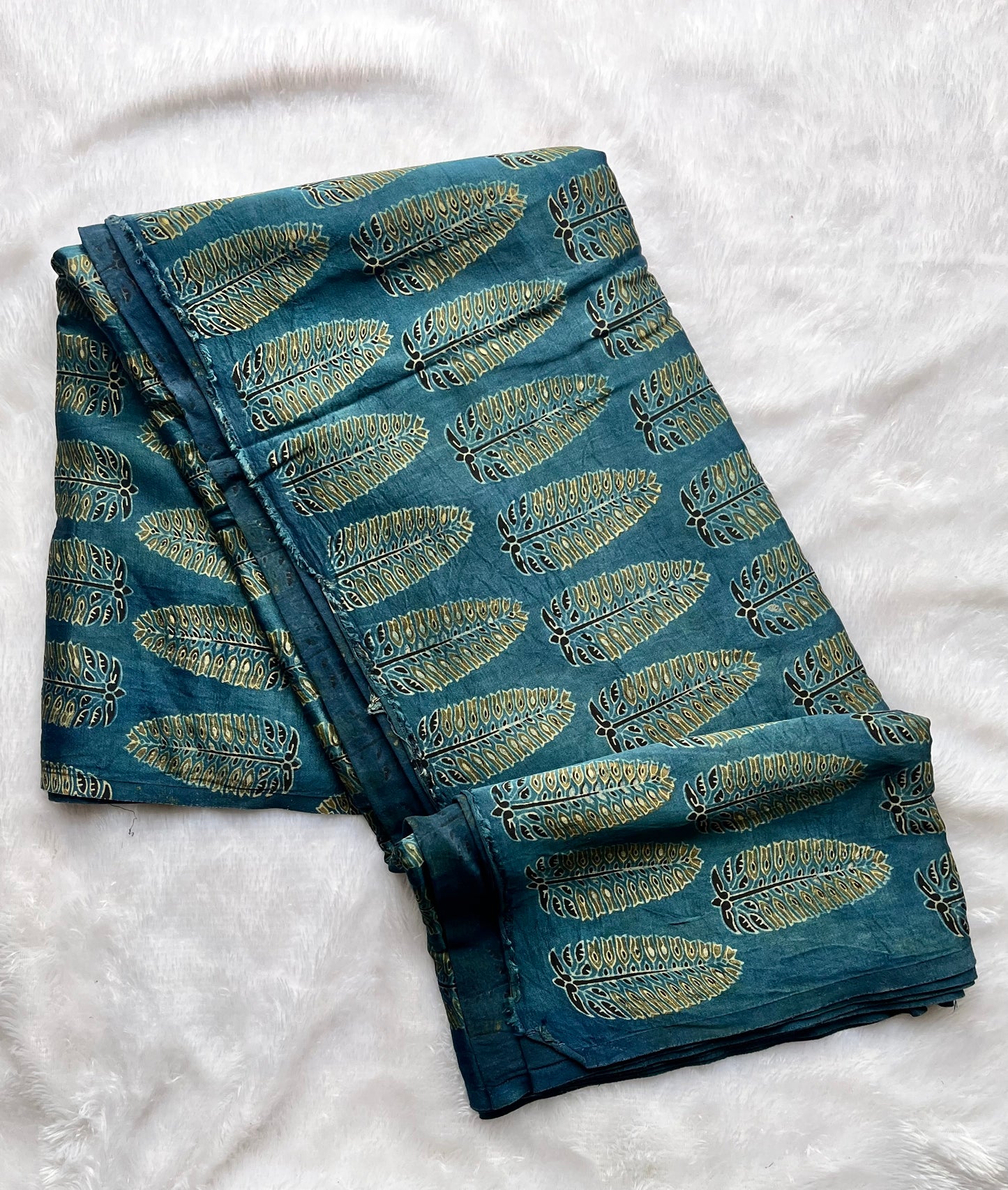 Indigo Asopallav Motif Ajrakh Mashru Silk Fabric