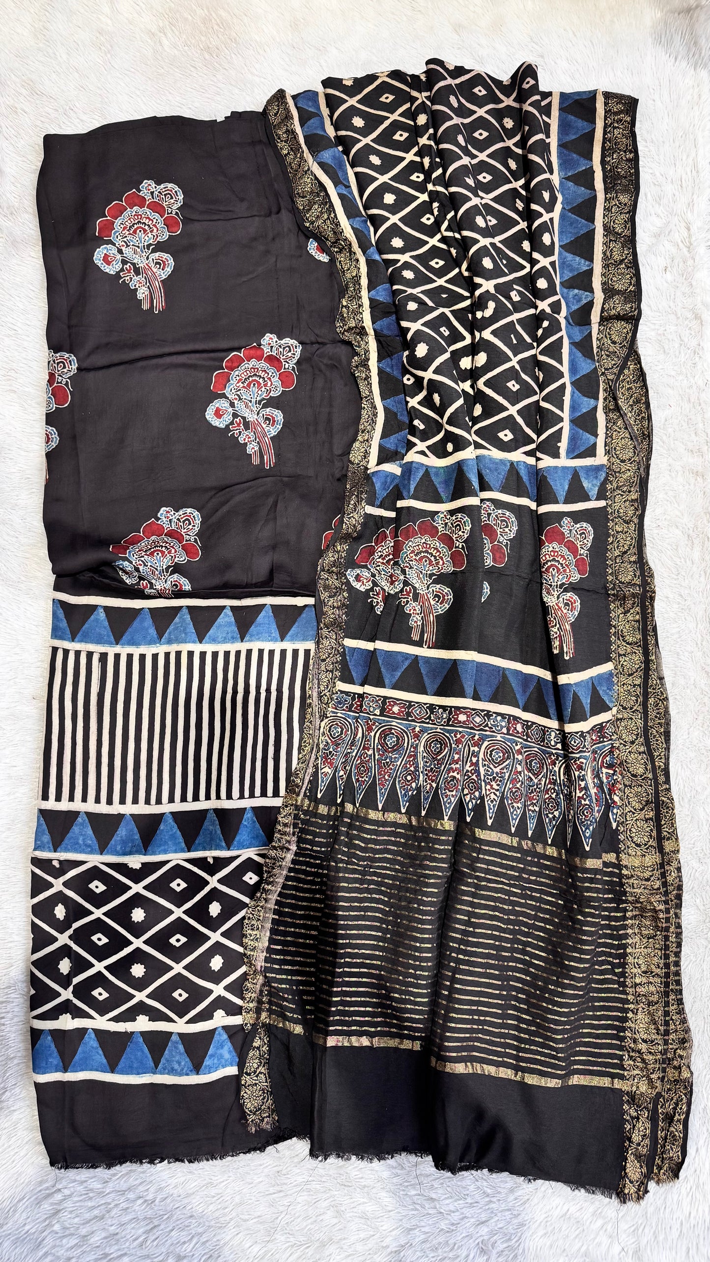 Black Buta Motif Modal Silk Ajrakh Hand Block Print 2pc Suit Material Set with Dola Silk Dupatta