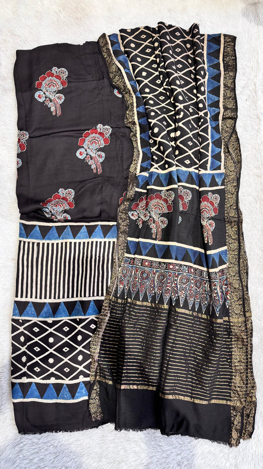 Black Buta Motif Modal Silk Ajrakh Hand Block Print 2pc Suit Material Set with Dola Silk Dupatta