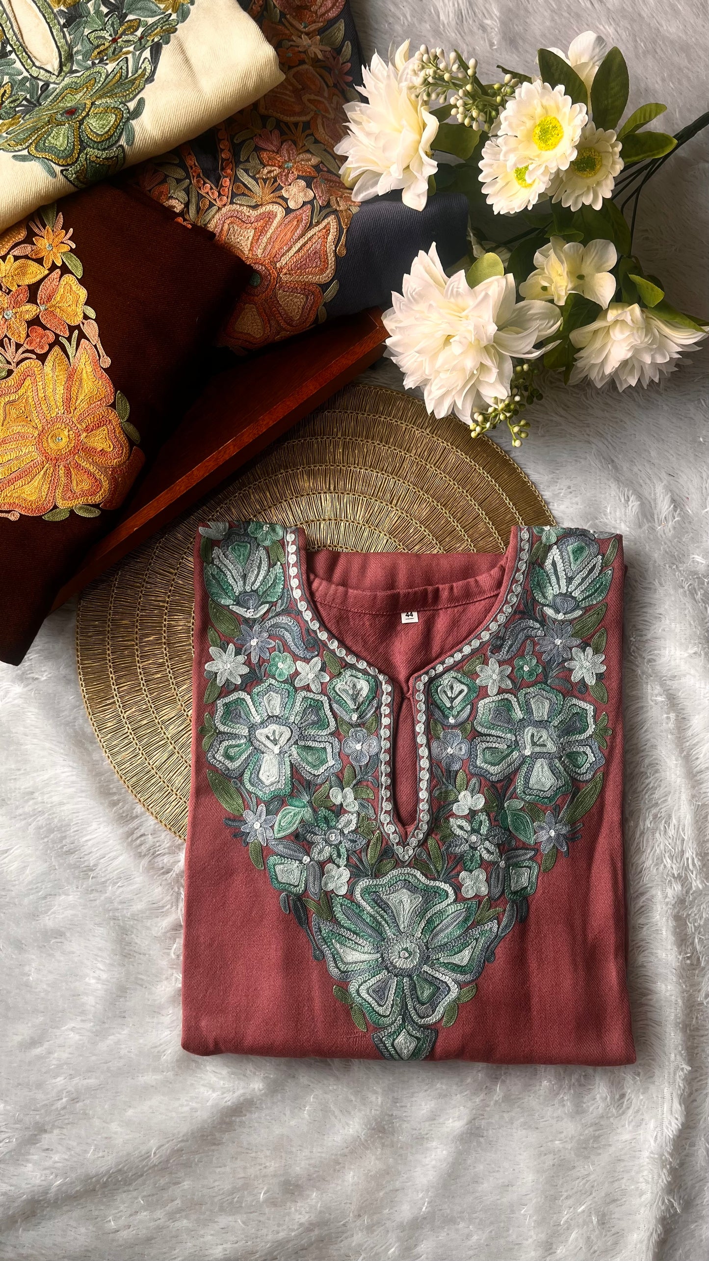 Dusty Pink with Firozi Embroidery Kashmiri Marino Wool Pheran with Pockets