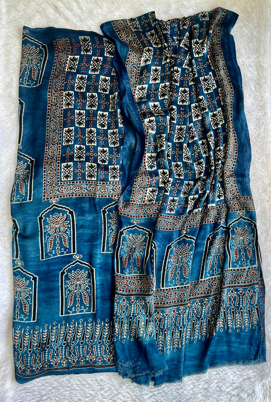 Deep Blue Jharokha Motif Modal Silk Ajrakh Hand Block 2pc Suit Set