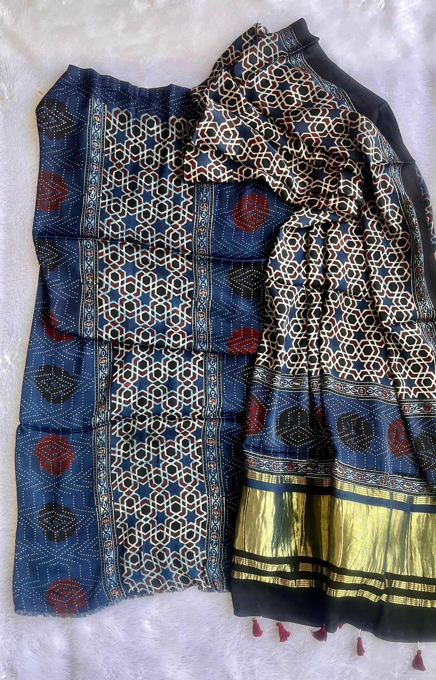 Blue Polka Dot Print Modal Silk Ajrakh Natural Dyed Hand Block Suit Set with Lagdi Patti Dupatta