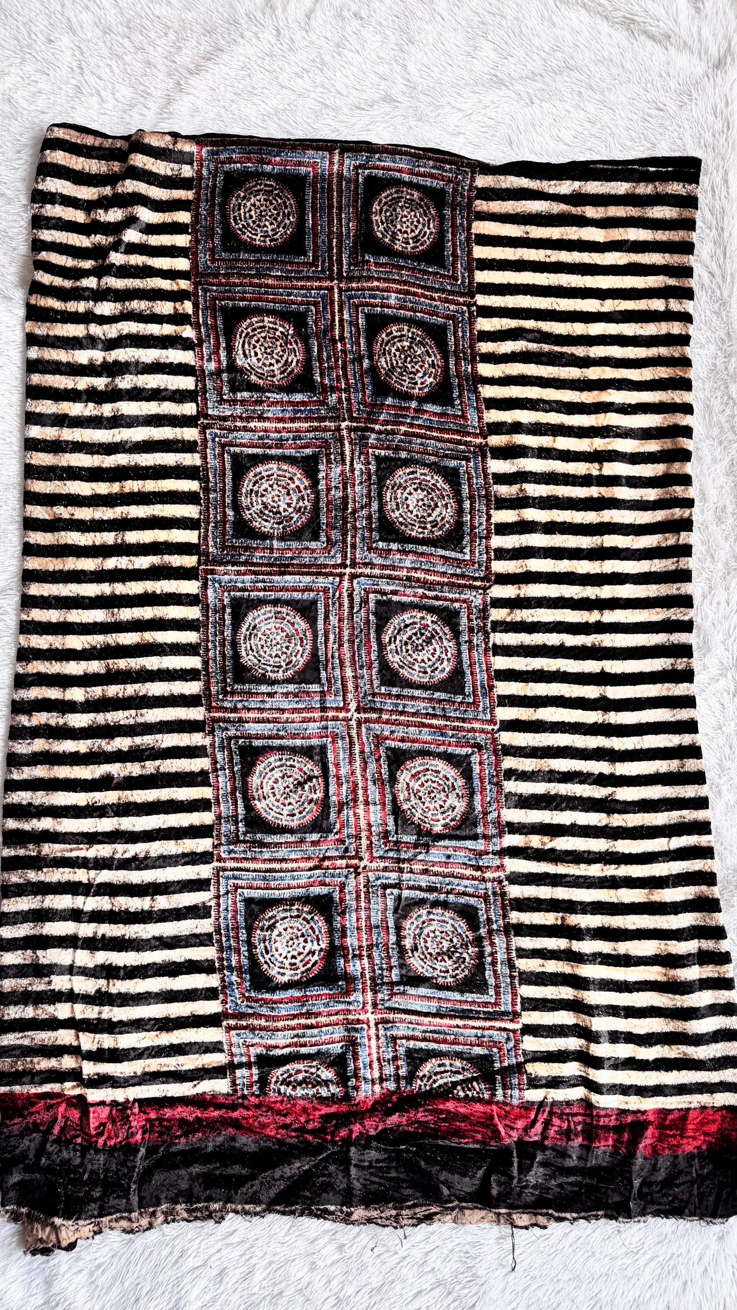 Black Stripes Buta Velvet Fabric Ajrakh Hand Block Print Designer Unstitched Fabric (Kurta Only)