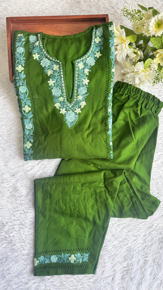 Forest Green Floral Kashmiri Aari Hand Embroidered Woollen Pheran Set with Pockets and Pants