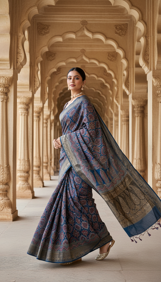 Blue Badaam Buta Motif Ajrakh Hand Block Dola Silk Saree with Zari Pallu (With Blouse)
