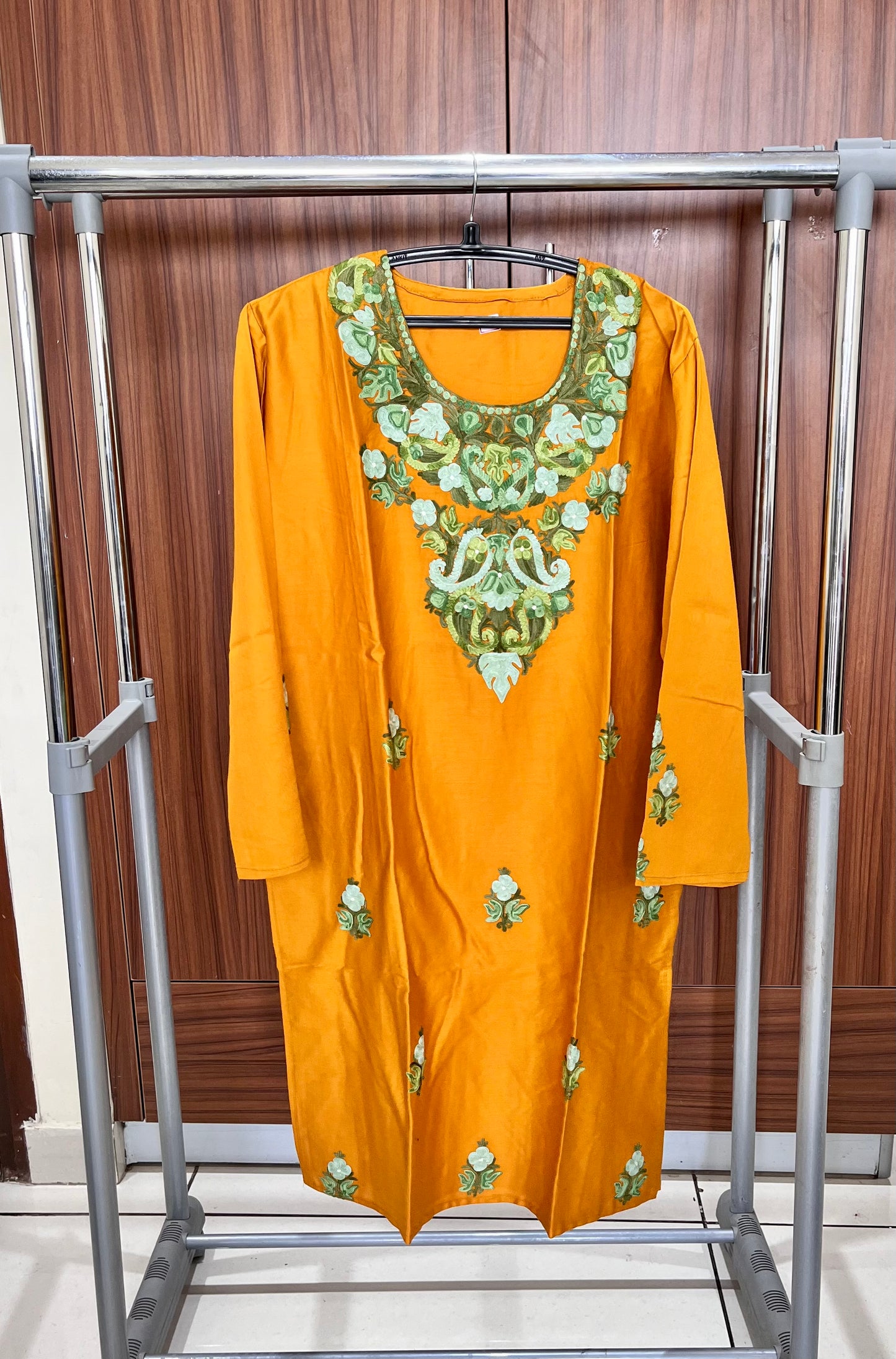 Mustard Shade Floral Kashmiri Aari Work Cotton Kurti