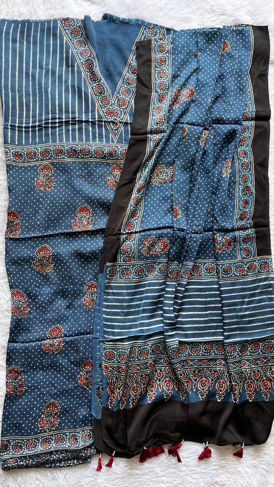 Deep Blue Dhaari and Buta Pure Modal Silk Suit Set with Modal Silk Dupatta