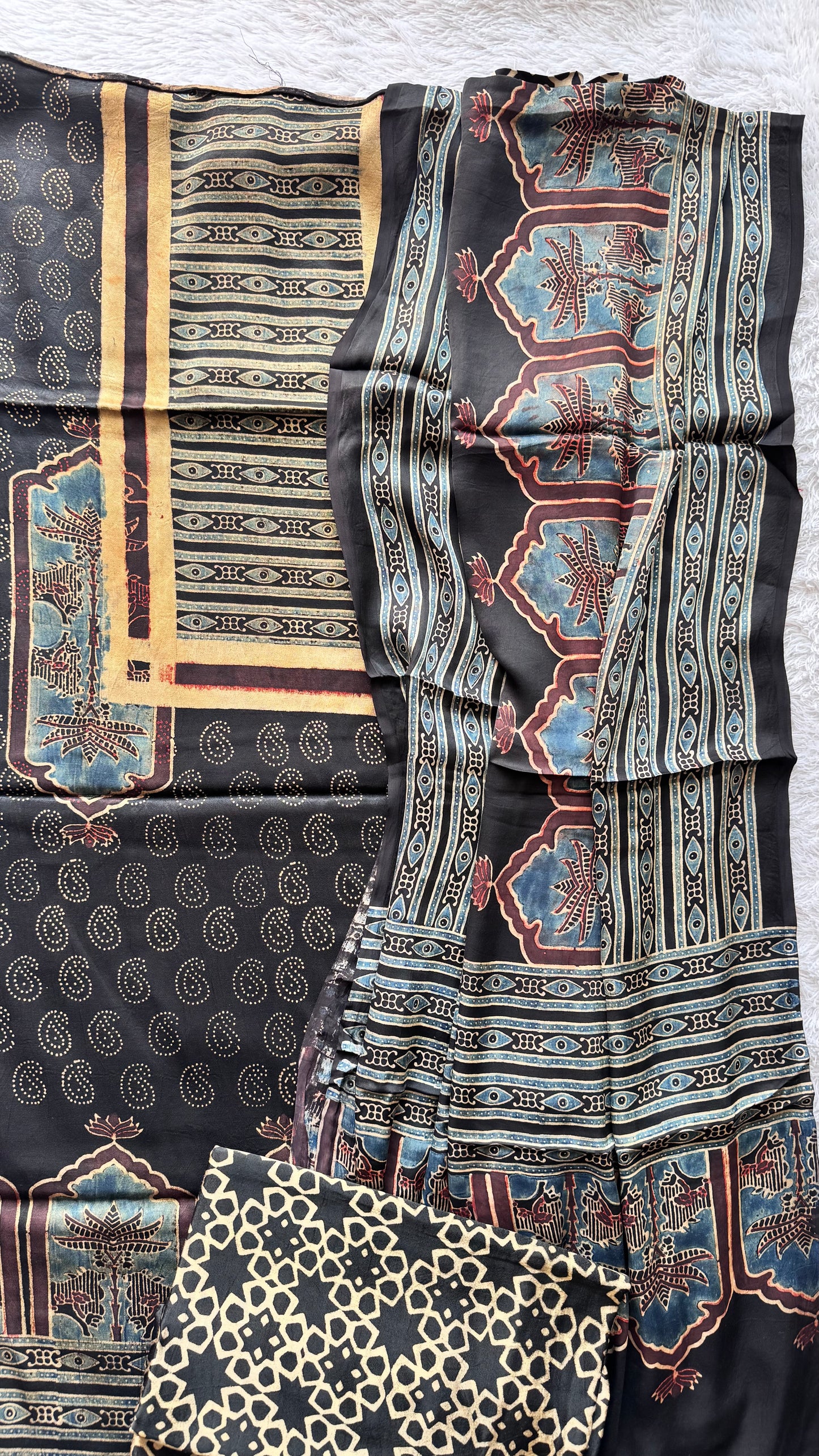 Black Jharokha Motif Ajrakh Hand Block Print Mashru Silk 3 pc Suit Material with Modal Silk Dupatta