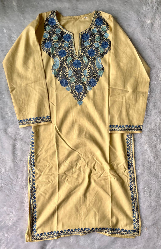 Cream and Blue Multicolour Floral Kashmiri Aari Work Embroidered Kurti