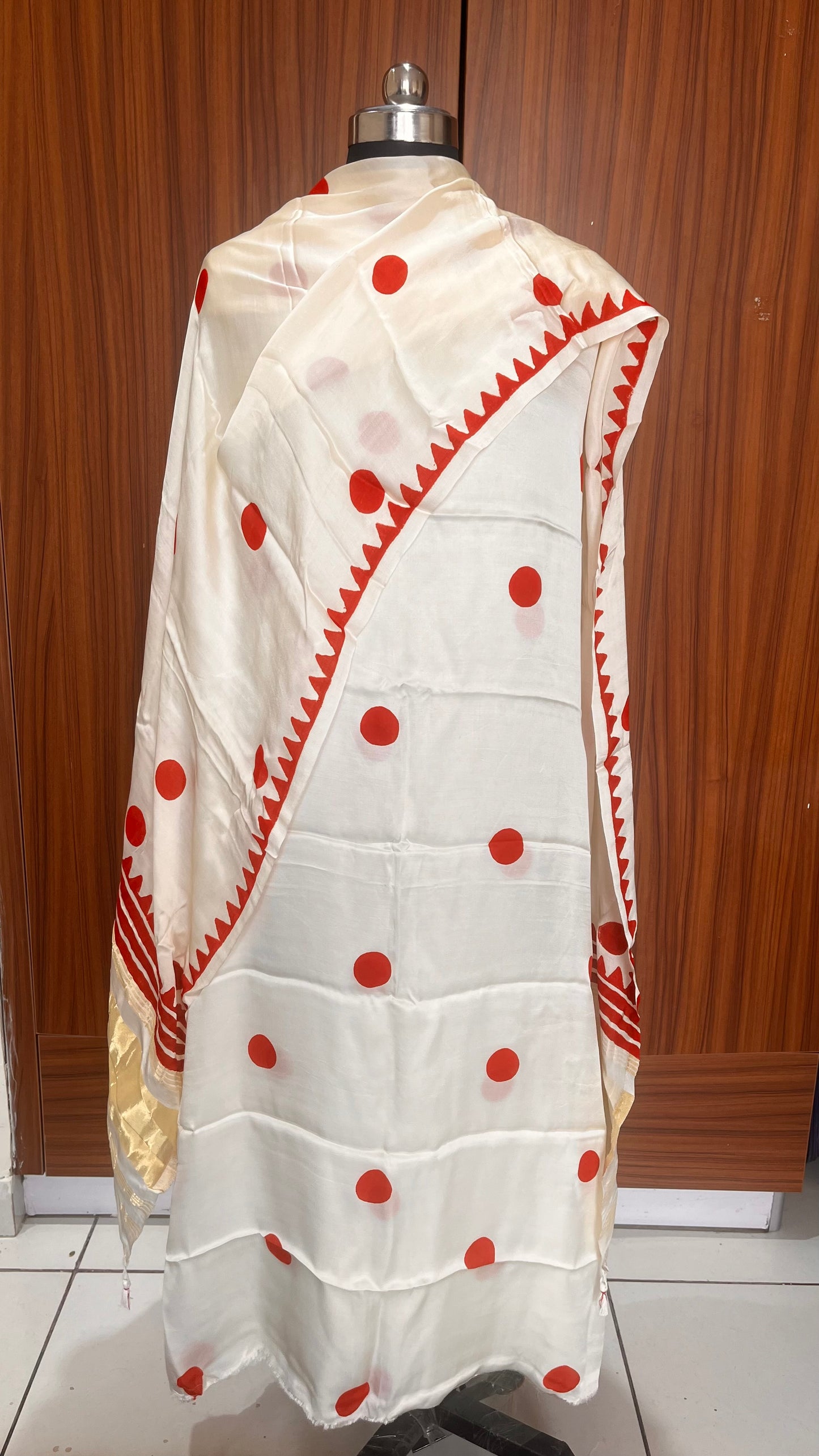 Milky White and Red Polka Motif Pure Modal Silk 2pc Suit Set with Lagdi Patti Dupatta