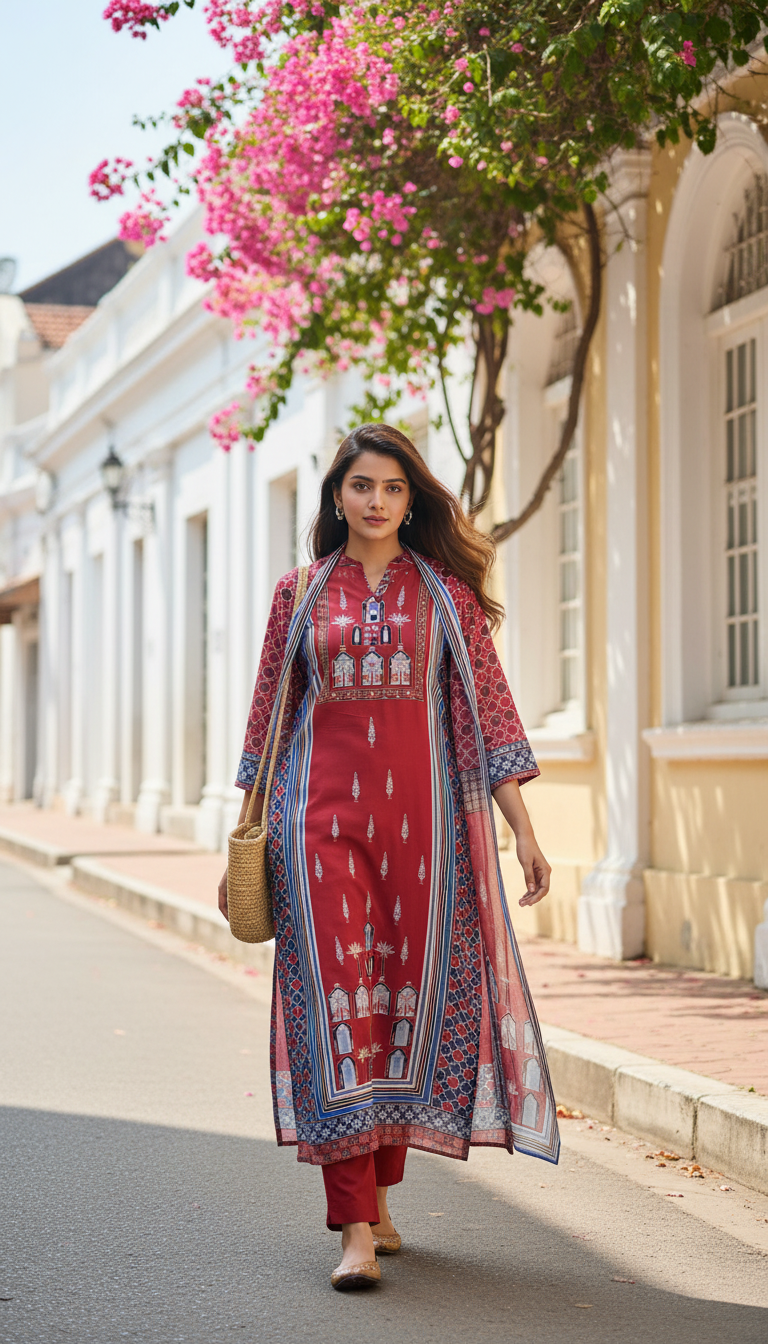 Red Jharokha Motif Ajrakh Muslin Suit Set with Muslin Dupatta