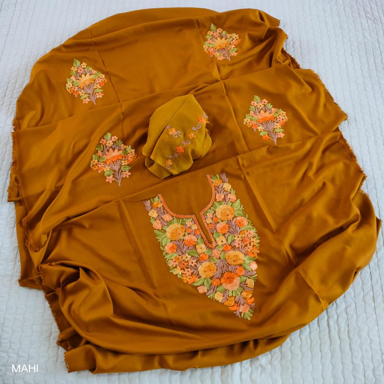 Mustard with Matching Yellow Threadwork Muslin Cotton Kashmiri Aari Embroidered 3pc Suit Set